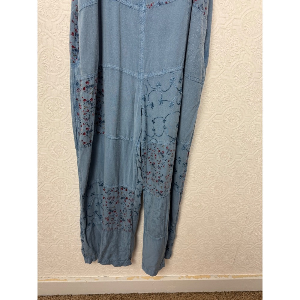 Papillon Blue Patchwork Boho Jumpsuit Floral Embroidered Artsy Overalls Medium - Picture 4 of 9